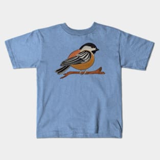 Primitive Chickadee Bird on Branch Kids T-Shirt